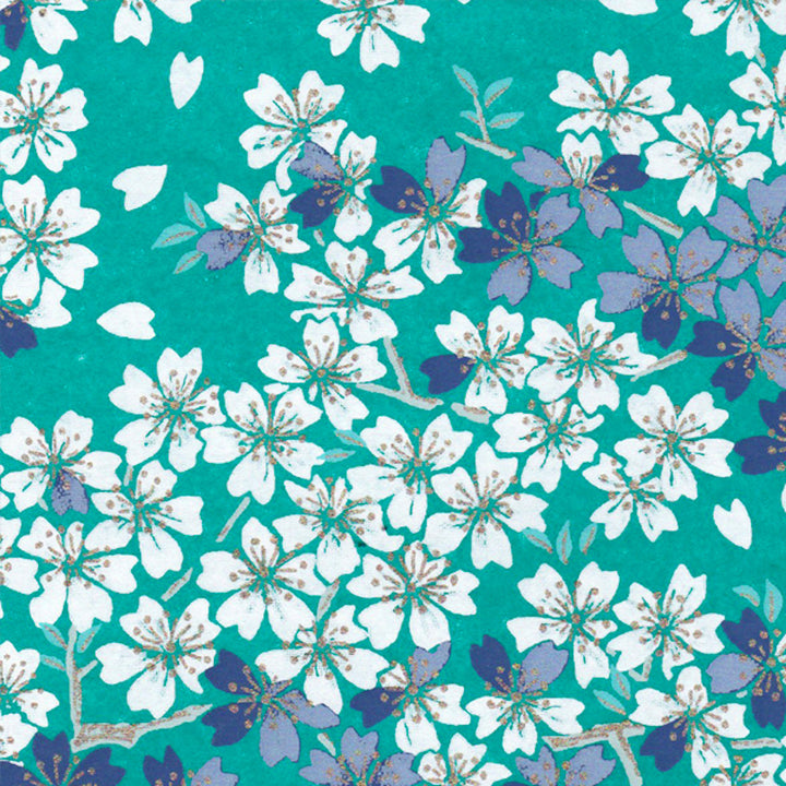 papier japonais yuzen chiyogami aux motifs de fleurs de cerisier dans les tons bleu turquoise, bleu marine, gris violet et blanc M625 adeline klam