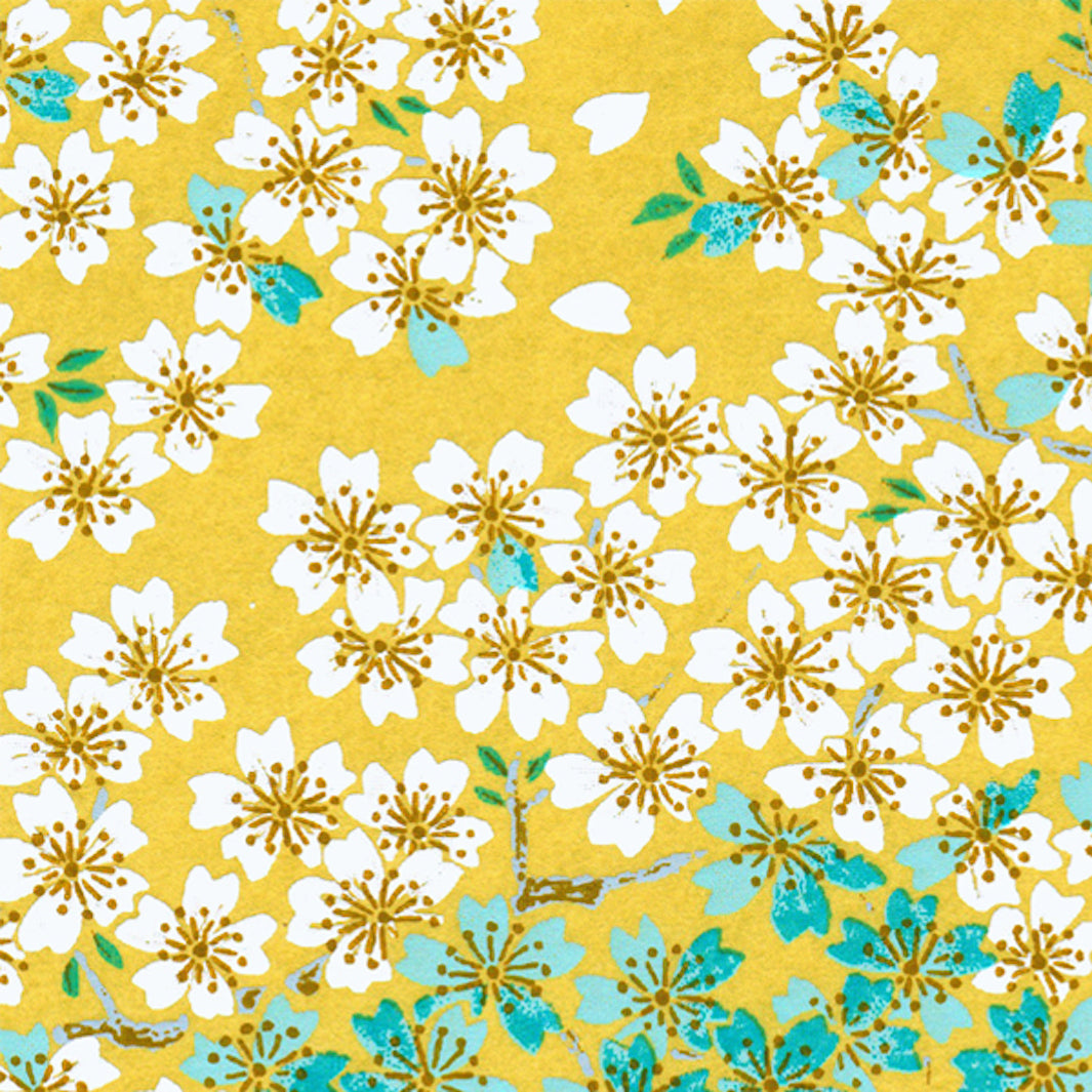 Pêle-Mêle en Papier Japonais - Fleurs de Cerisier - Jaune Moutarde, Vert d'Eau et Bleu Turquoise - M578