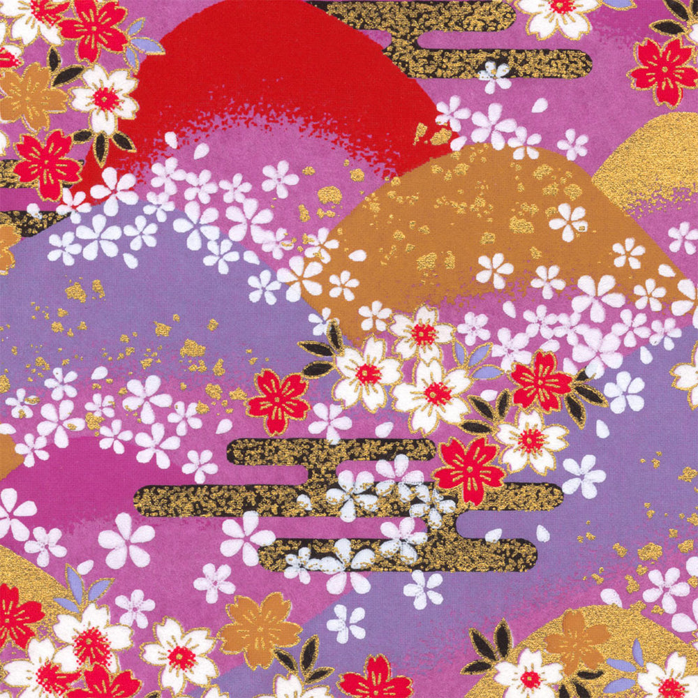 papier japonais yuzen chiyogami aux motifs de fleurs de prunier dans les tons jaune caramel, vert d'eau, bleu ciel et blancs adeline klam de 10cm par 10cm (M948)