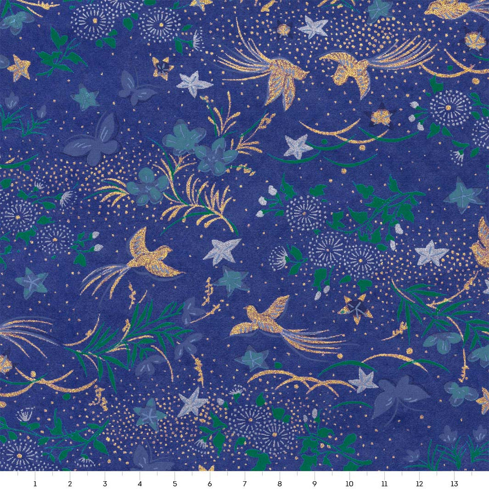 papier japonais yuzen chiyogami aux motifs de fleurs, d'oiseaux et de papillons bleu foncé, verts, mauve, argentés et dorés adeline klam de 14cm par 14cm (M992)