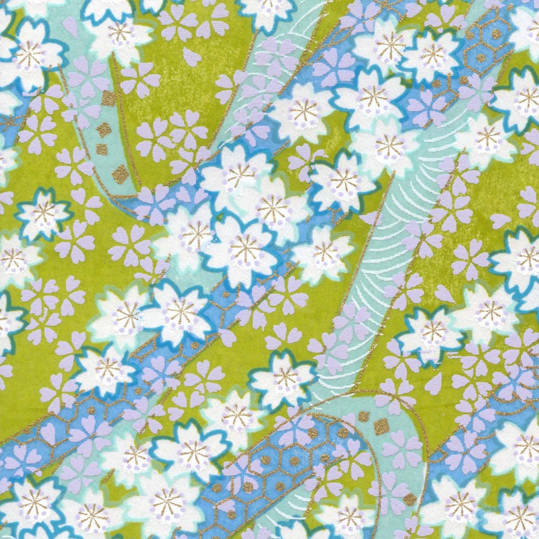 carré de 10cm par 10cm de papier japonais yuzen chiyogami aux motifs d'ondulations fleuries jaune vert, bleu mauve, vert d'eau, lilas et or (M1001) adeline klam