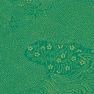 papier japonais yuzen chiyogami aux petits motifs variés en pointillés dorés sur fond vert adeline klam de 10cm par 10cm