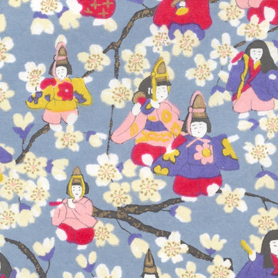 papier japonais yuzen chiyogami aux motifs de poupées hina matsuri et fleurs de pêcher bleu gris, rose rouge, bleu violet, rose clair et jaune adeline klam de 10cm par 10cm (M1005)