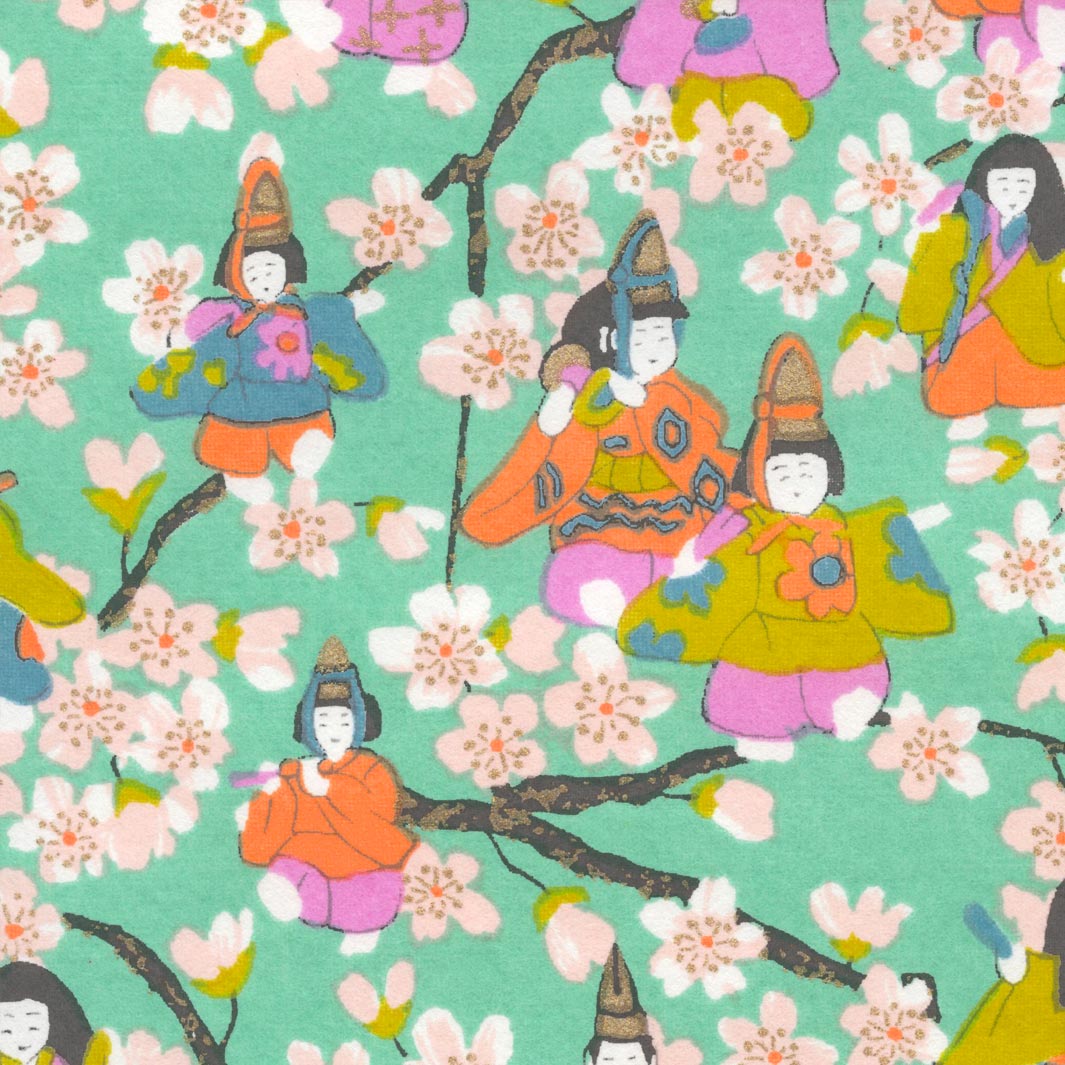 papier japonais yuzen chiyogami aux motifs de poupées hina matsuri et fleurs de pêcher vert menthe, rose mauve, orange clair, bleu gris et vert acidulé adeline klam de 10cm par 10cm (M1004)