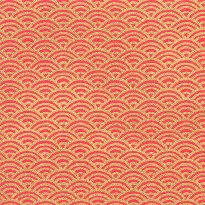 papier japonais yuzen chiyogami aux motifs de vagues inversées dorées sur fond rouge orangé adeline klam de 10cm par 10cm (M1007)
