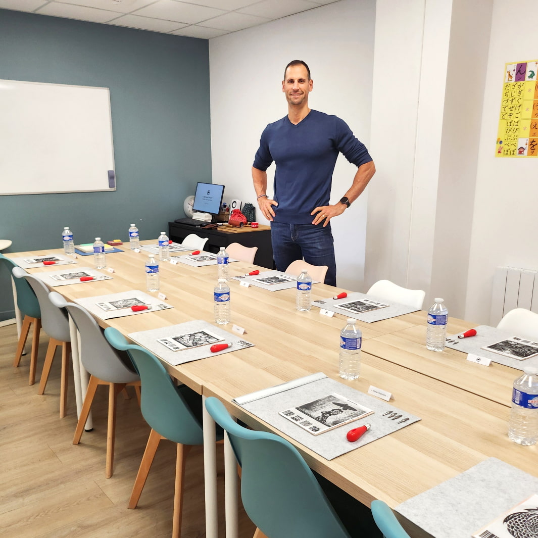photo d'ambiance de l'atelier/stage de linogravure japonaise avec Japanese Linocut
