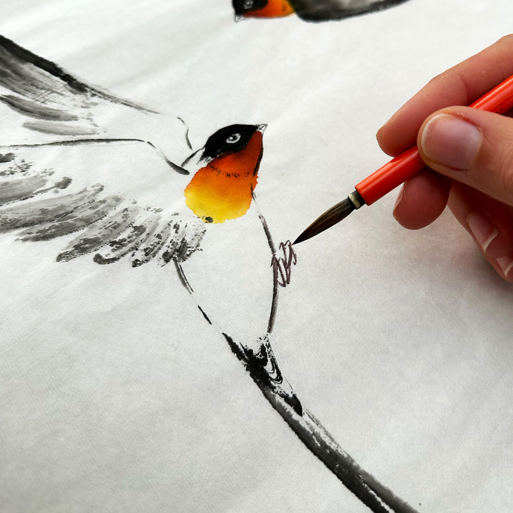photo d'ambiance d'un dessin d'hirondelles colorées du stage de peinture sumi-e « hirondelles » avec morgane boullier
