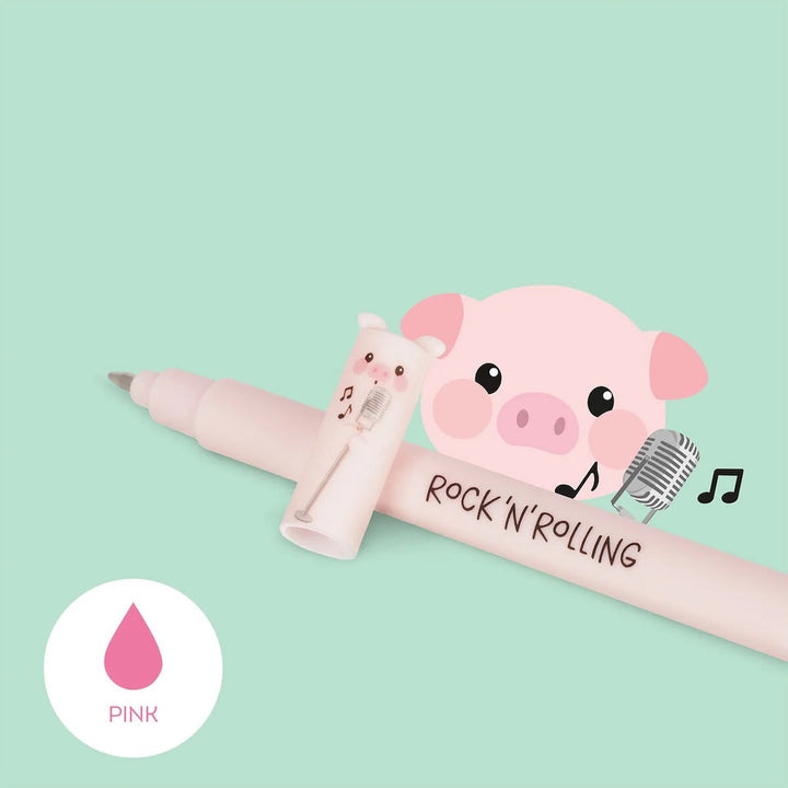 photo d'ambiance du stylo gel effaçable en forme de cochon rose à l'encre rose et à la pointe 0,7mm legami
