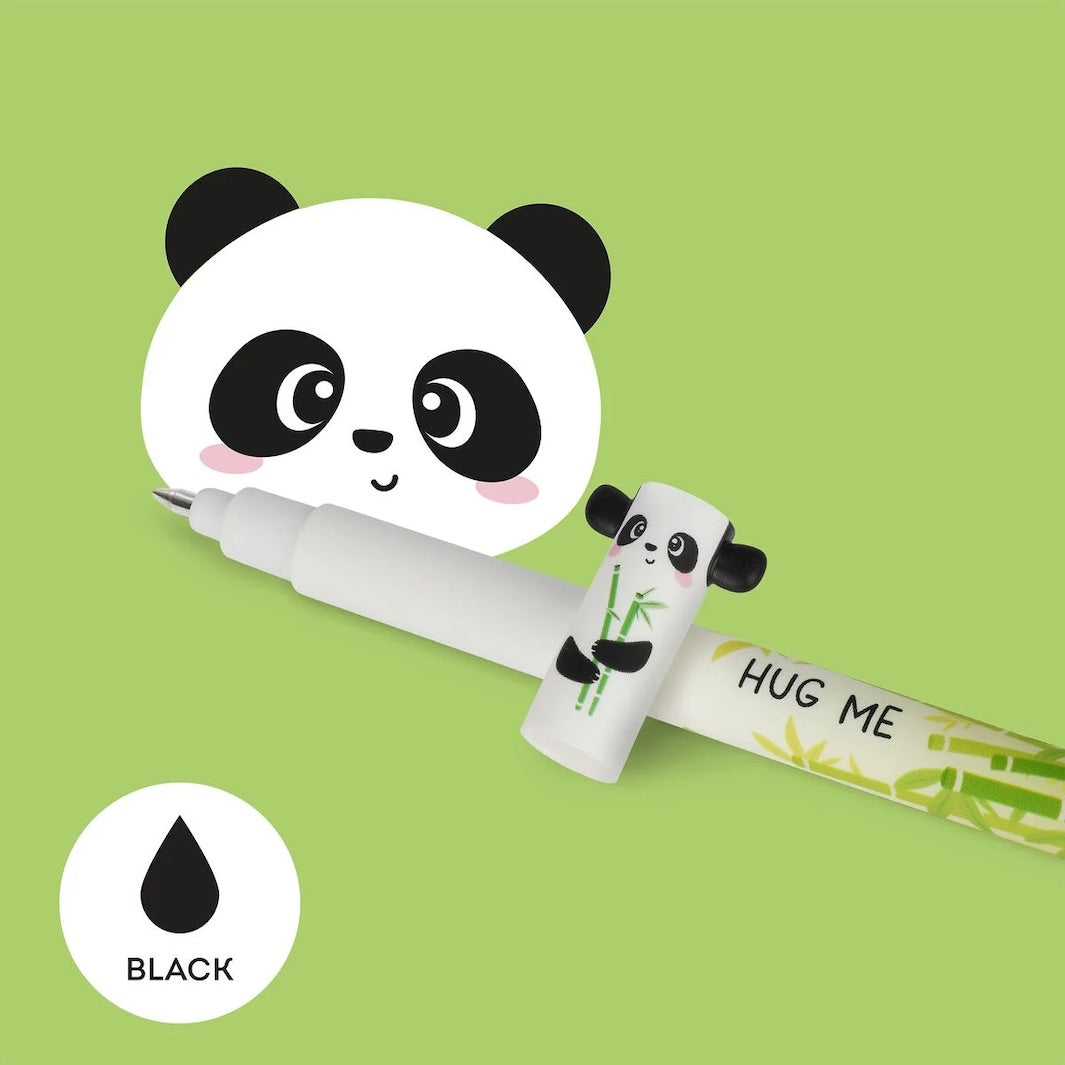 photo d'ambiance du stylo gel effaçable en forme de panda noir, blanc et vert à l'encre noire et à la pointe 0,7mm legami