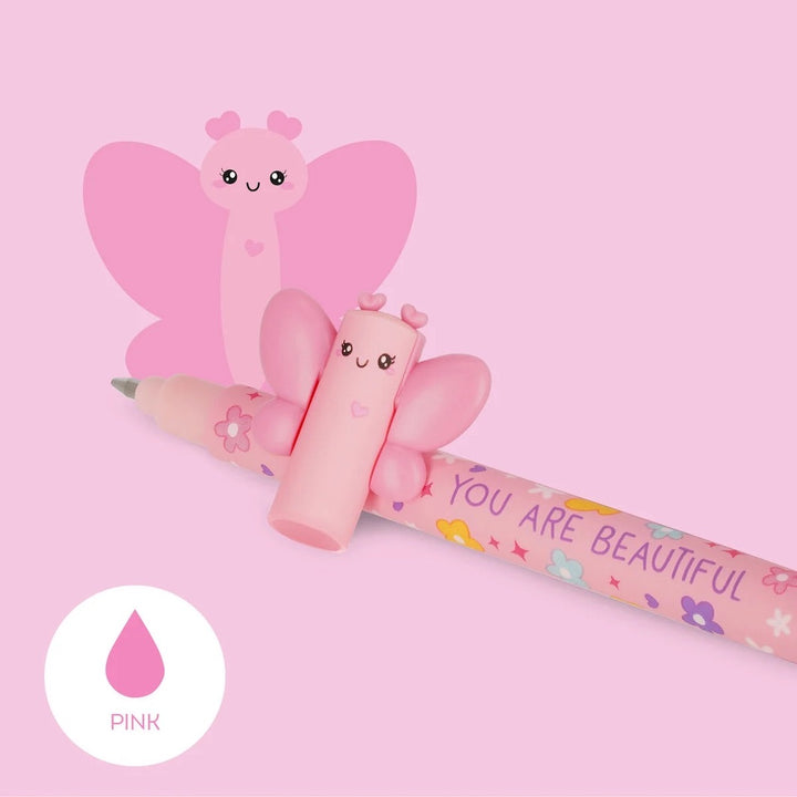 photo d'ambiance du stylo gel effaçable en forme de papillon rose à l'encre rose et à la pointe 0,7mm legami