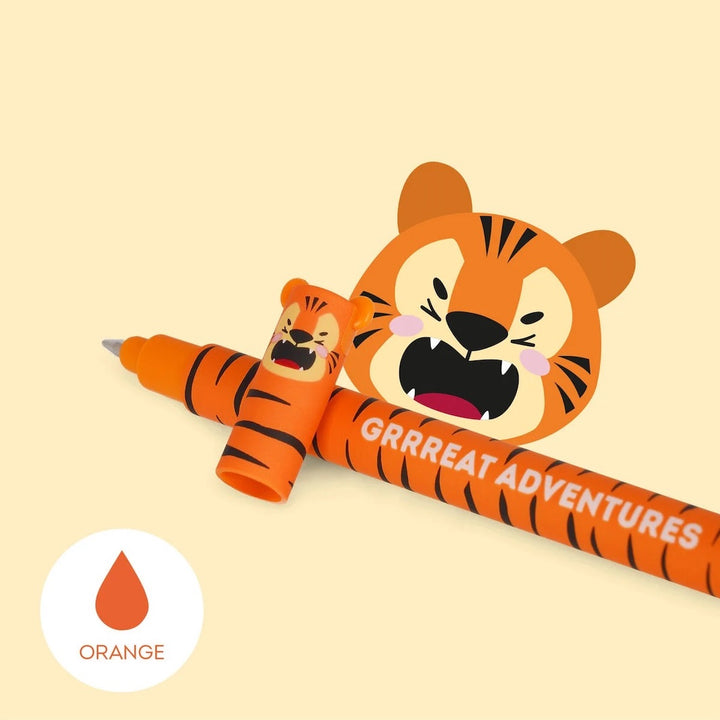 photo d'ambiance du stylo gel effaçable en forme de tigre orange à l'encre orange et à la pointe 0,7mm legami