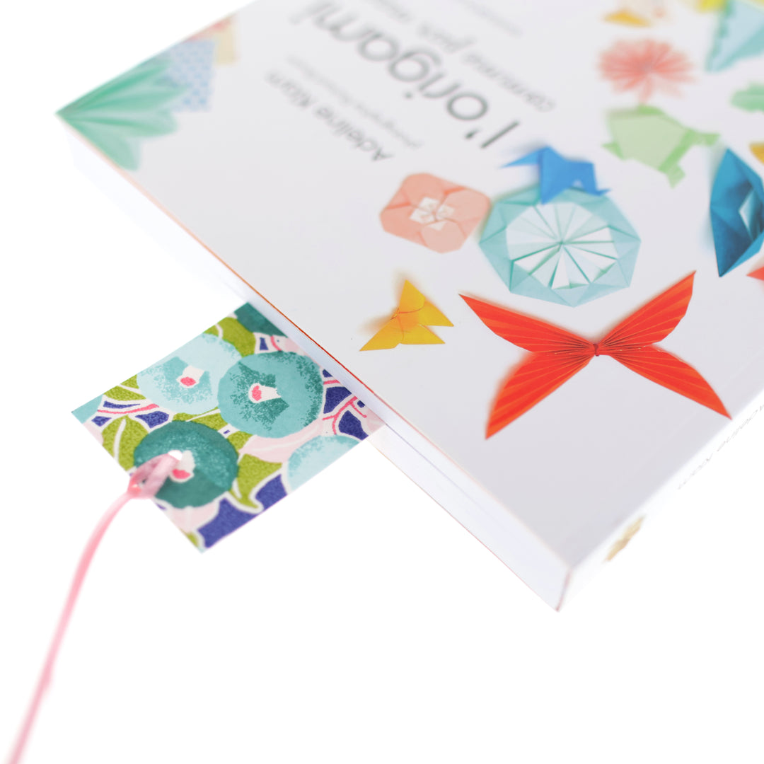 Marque-Page en Papier Japonais - Camélias et Semi de Fleurs - Bleu, Vert, Rose et Violet - M801 et M481