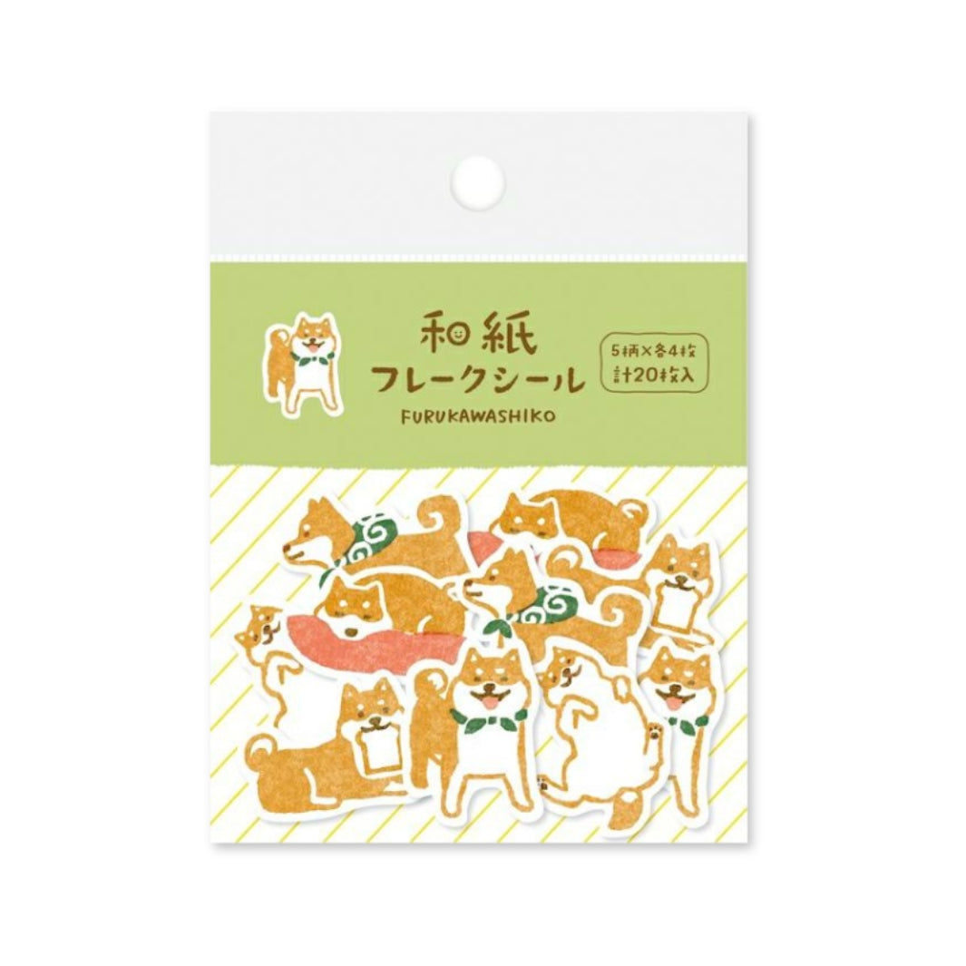 photo packshot de 20 stickers en papier japonais en forme de chiens shiba inu