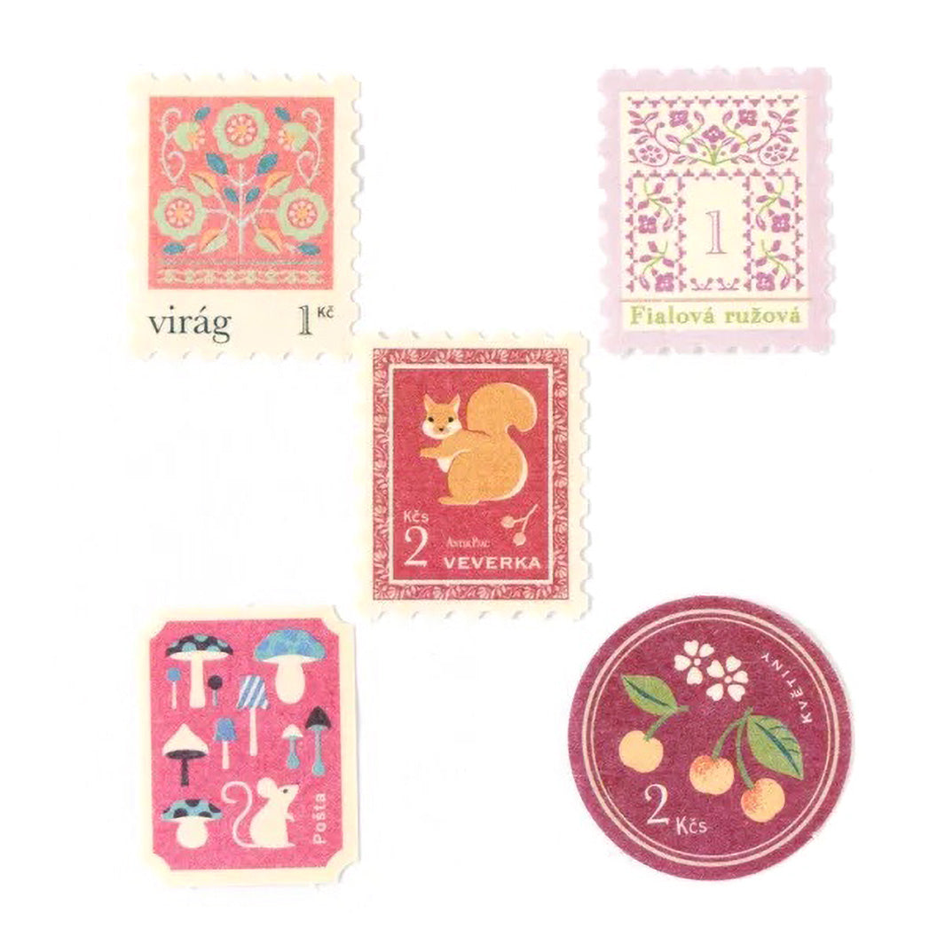 photo packshot des 5 modèles de timbres du lot de 20 stickers en forme de timbres vintages roses de nb bo., ltd. japan