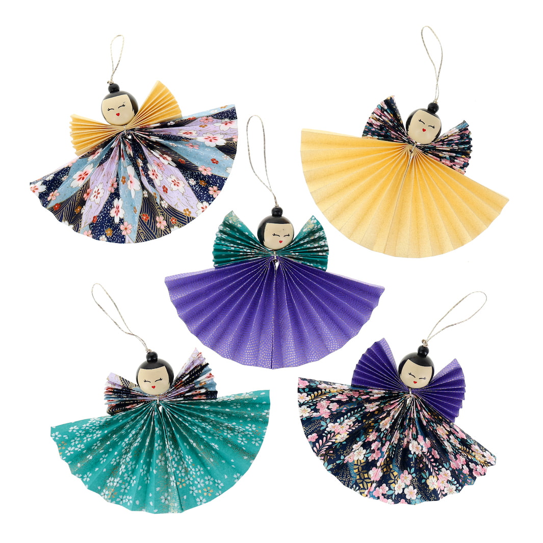 photo packshot des anges montés du kit anges accordéon bleu canard, bleu marine, violets et dorés « nocturne » adeline klam
