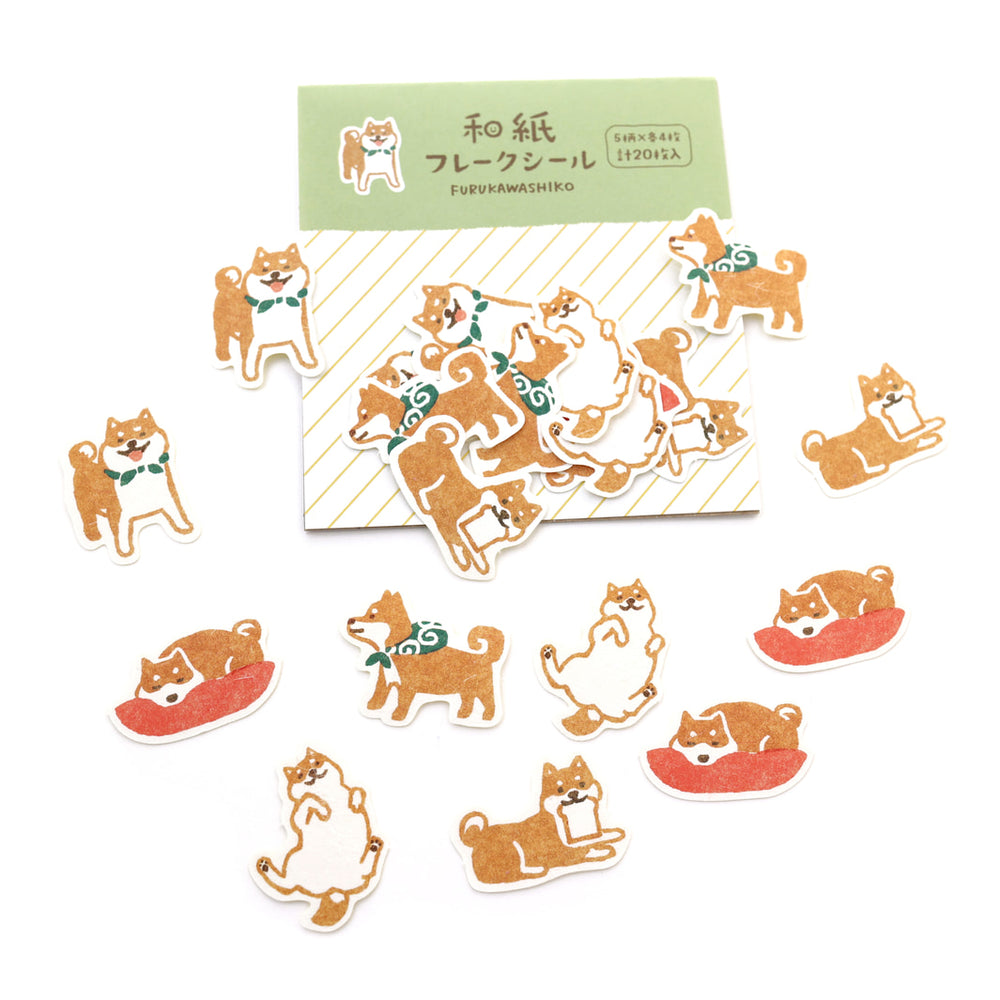 photo packshot de l'assortiment de stickers du lot de 20 stickers en papier japonais en forme de chiens shiba inu