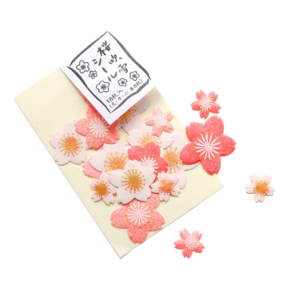 photo packshot de biais du packaging du lot de 18 stickers en forme de fleurs de cerisier dans différents tons de roses adeline klam