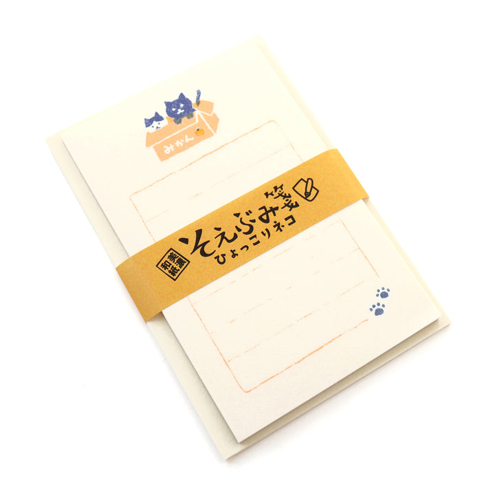 photo packshot de biais du packaging du mini set de 30 papiers à lettre et 5 enveloppes aux motifs de chats dans un carton furukawashiko