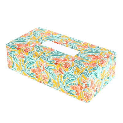 photo packshot d'une boîte à mouchoirs en carton tapissée d'un papier japonais au motifs de fleurs art nouveau dans les tons jaune moutarde, corail et vert d'eau (M987) adeline klam 