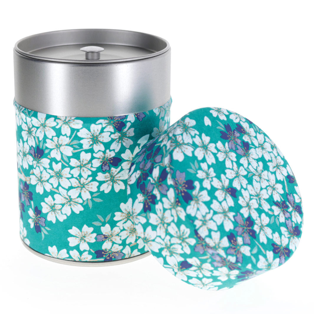 Cylindrical Japanese Paper Tea Box - Cherry Blossoms - Turquoise Blue, Navy Blue, Purple Gray and White - M625