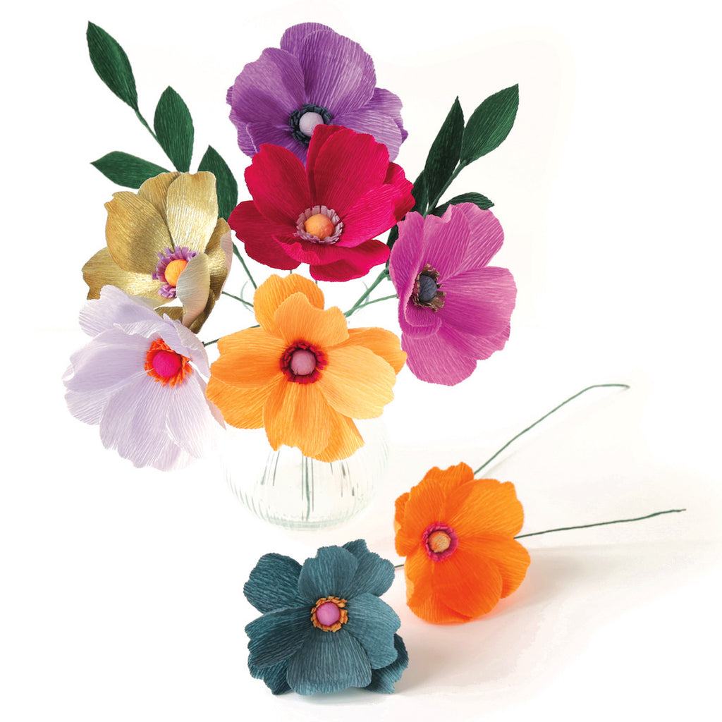 Kit Bouquet d'Anémones en Crépon - Orange, Bleu Canard, Vert Foncé