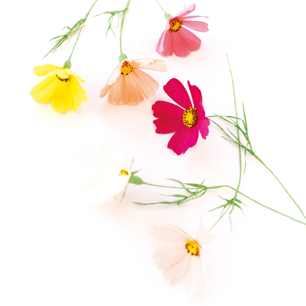 photo packshot des cosmos réalisés et posés à plat du kit bouquet de cosmos en crépon dans les tons rose clair et foncé, corail, jaune et vert moyen adeline klam