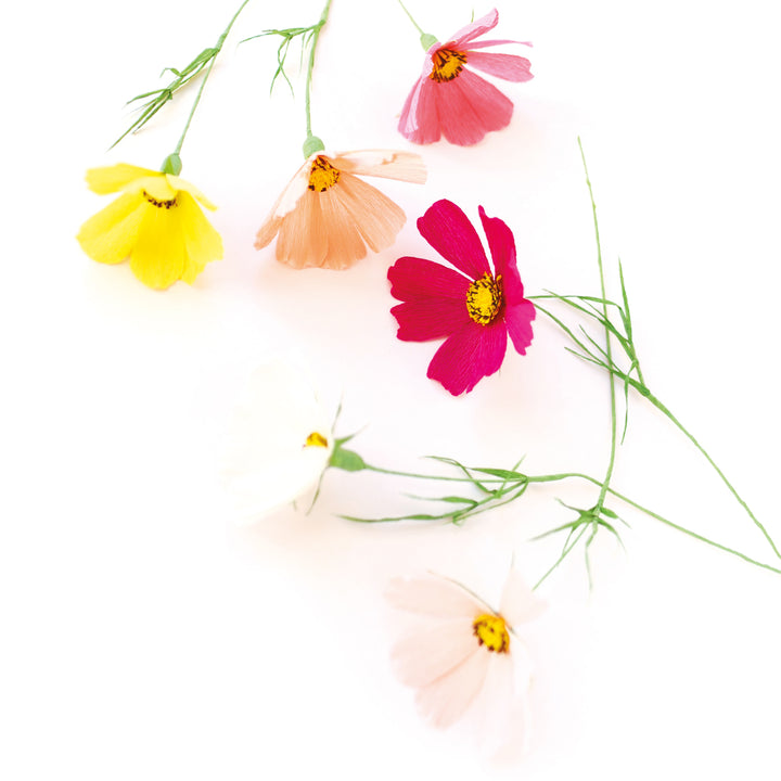 photo packshot des cosmos réalisés et posés à plat du kit bouquet de cosmos en crépon dans les tons rose clair et foncé, corail, jaune et vert moyen adeline klam