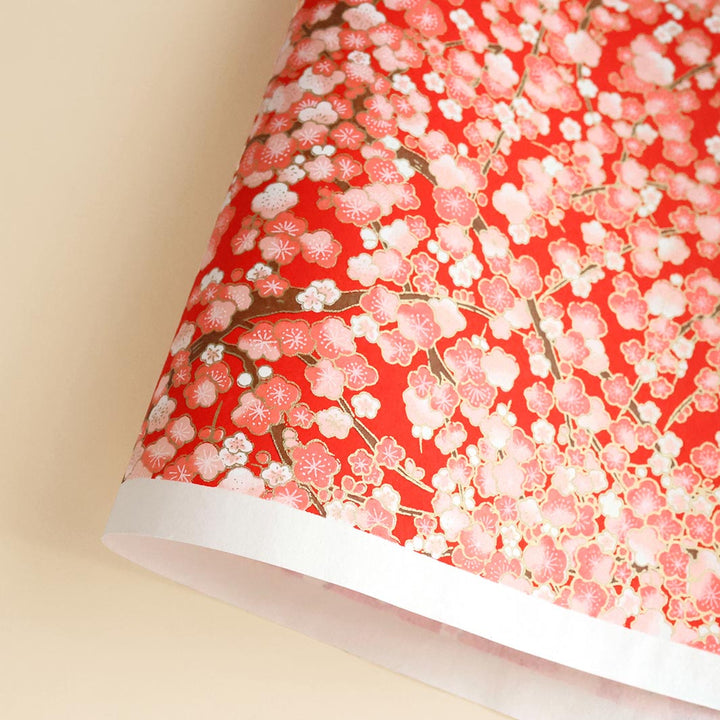photo packshot d'une courbe de papier japonais yuzen chiyogami aux motifs de fleurs de prunier dans les tons rouges, crème et roses adeline klam (M446)