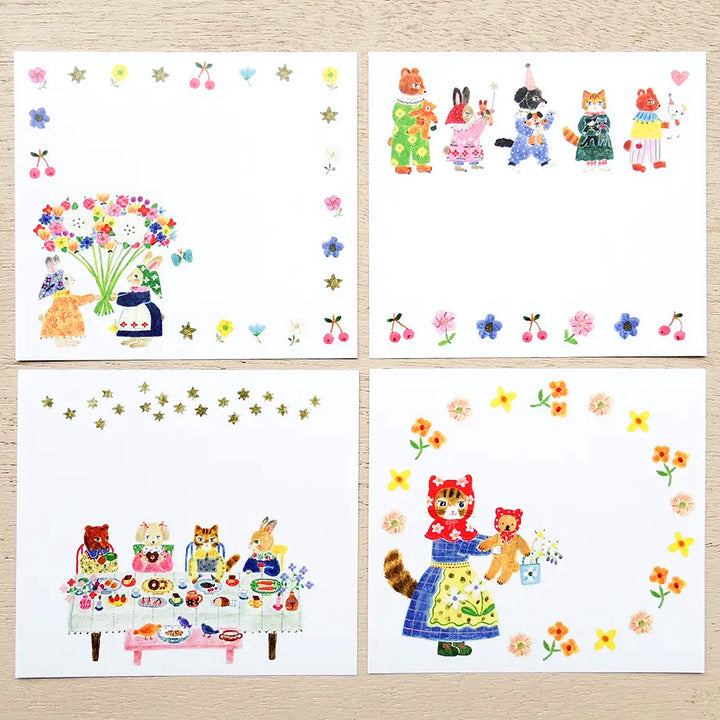 photo packshot du détail des 4 motifs du bloc-notes de 120 feuilles « little fluffy friends » par Aiko Fukawa pour Cozyca Products