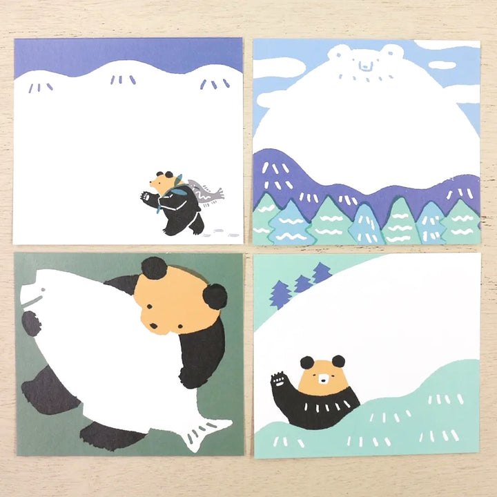photo packshot du détail des 4 motifs du bloc-notes de 120 feuilles « ours kuma » par Masao Takahata pour Cozyca Products