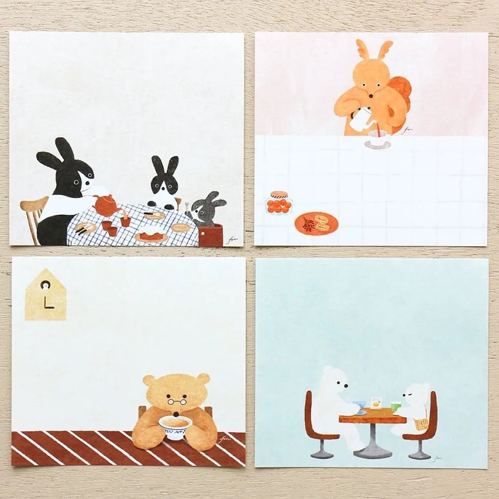 photo packshot du détail des 4 motifs du bloc-notes de 120 feuilles « tea time » par Mariko Fukuoka pour Cozyca Products