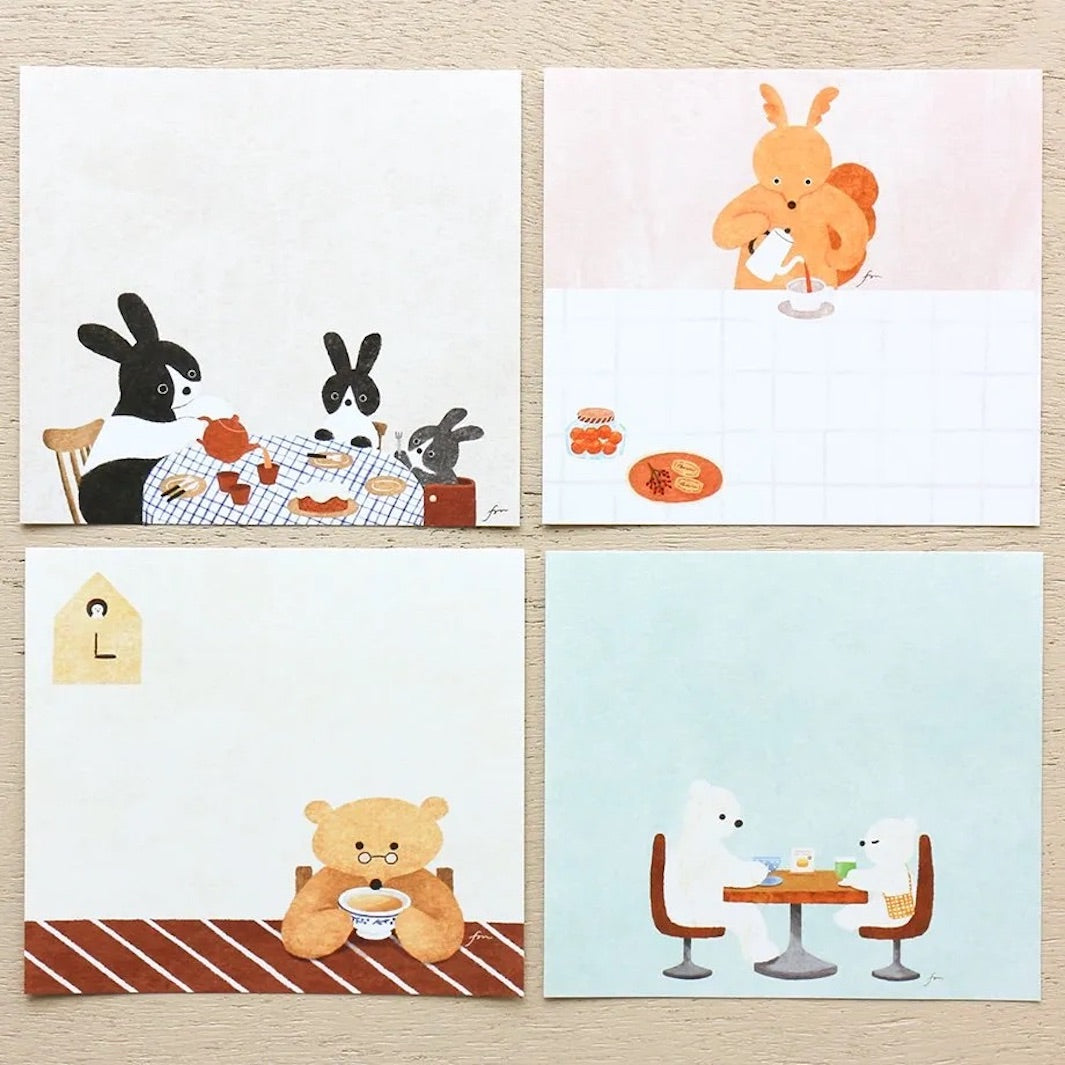 photo packshot du détail des 4 motifs du bloc-notes de 120 feuilles « tea time » par Mariko Fukuoka pour Cozyca Products