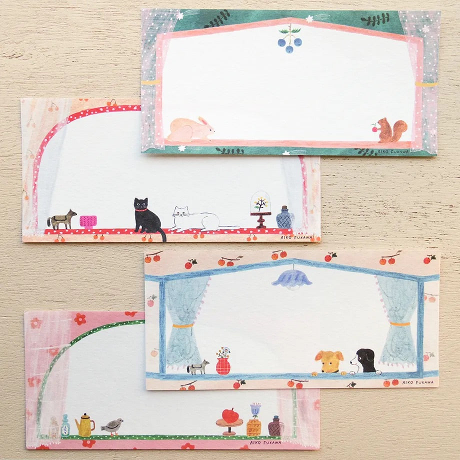 photo packshot du détail des 4 motifs du bloc-notes de 20 feuilles « little widow » par Aiko Fukawa pour Cozyca Products