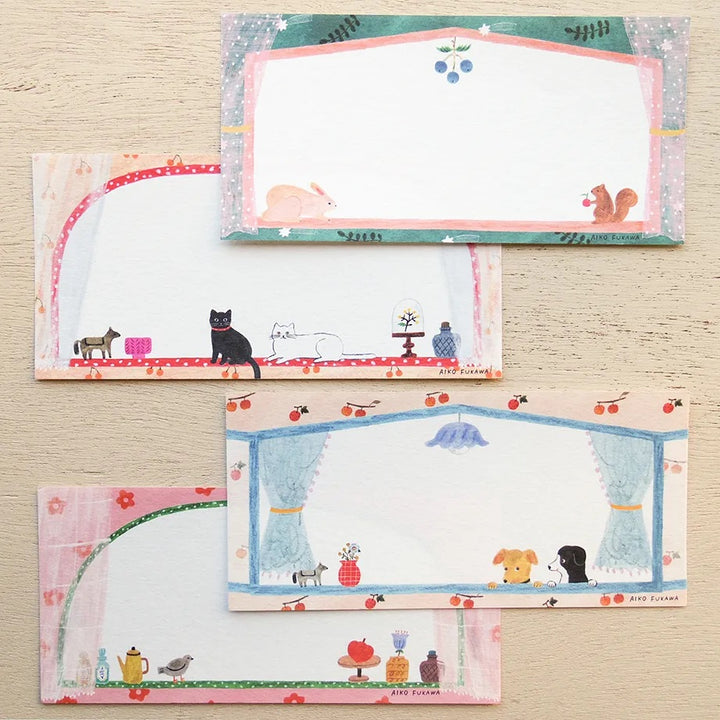 photo packshot du détail des 4 motifs du bloc-notes de 20 feuilles « little widow » par Aiko Fukawa pour Cozyca Products