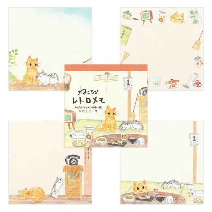 photo packshot du détail des 4 motifs du bloc-notes de 80 feuilles « chats et intérieur japonais » pour NB Co., Ltd. Japan