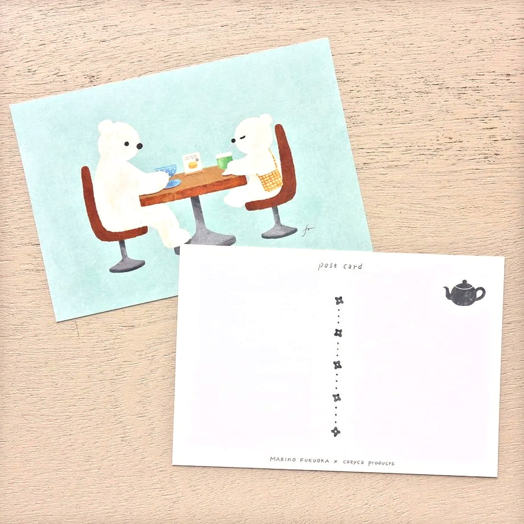 photo packshot du détail des cartes au format paysage du bloc de cartes postales de 10 cartes et 5 motifs « tea time » par Mariko Fukuoka pour Cozyca Products