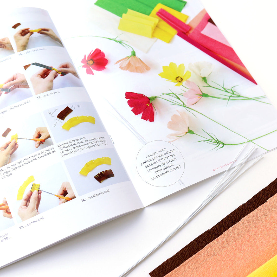 photo packshot d'un détail de l'intérieur du manuel du kit bouquet de cosmos en crépon dans les tons rose clair et foncé, corail, jaune et vert moyen adeline klam