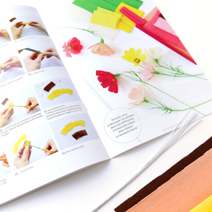 photo packshot d'un détail de l'intérieur du manuel du kit bouquet de cosmos en crépon dans les tons rose clair et foncé, corail, jaune et vert moyen adeline klam