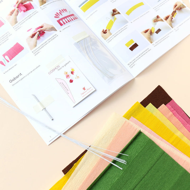photo packshot d'un détail du manuel et des fournitures du kit bouquet de cosmos en crépon dans les tons rose clair et foncé, corail, jaune et vert moyen adeline klam