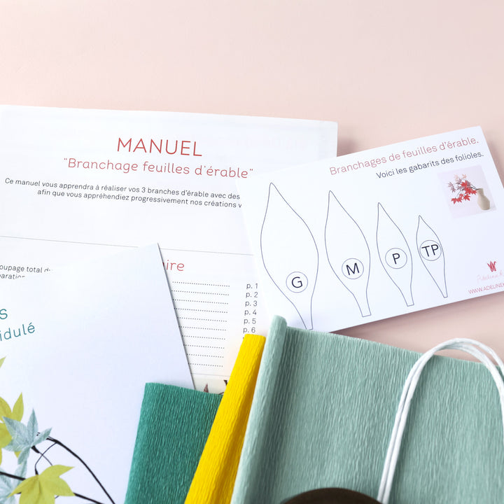 photo packshot d'un détail du manuel, des gabarits et des fournitures du kit 3 branchages de feuilles d'érable en crépon dans les tons jaune acidulé, bleu gris et bleu canard « acidulé » adeline klam