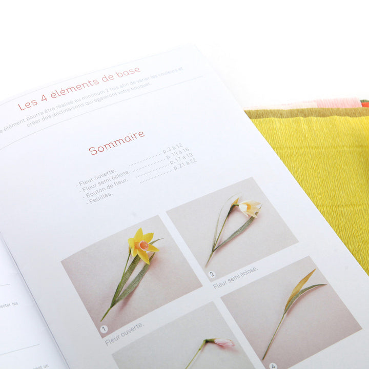 photo packshot d'un détail du manuel du kit bouquet de jonquilles en crépon dans les tons jaunes, orange, corail et verts adeline klam