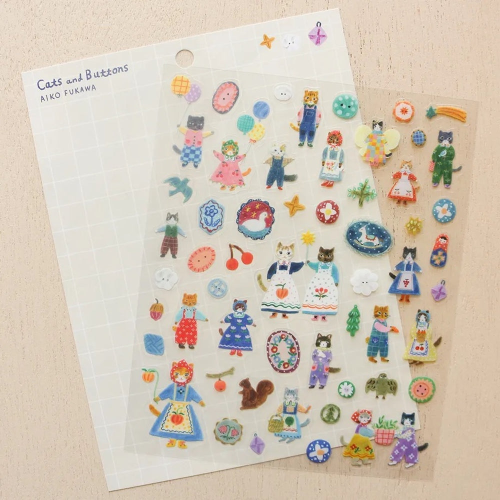 photo packshot d'un détail du packaging de la planche de 55 stickers « cats and buttons » de aiko fukawa pour cozyca products