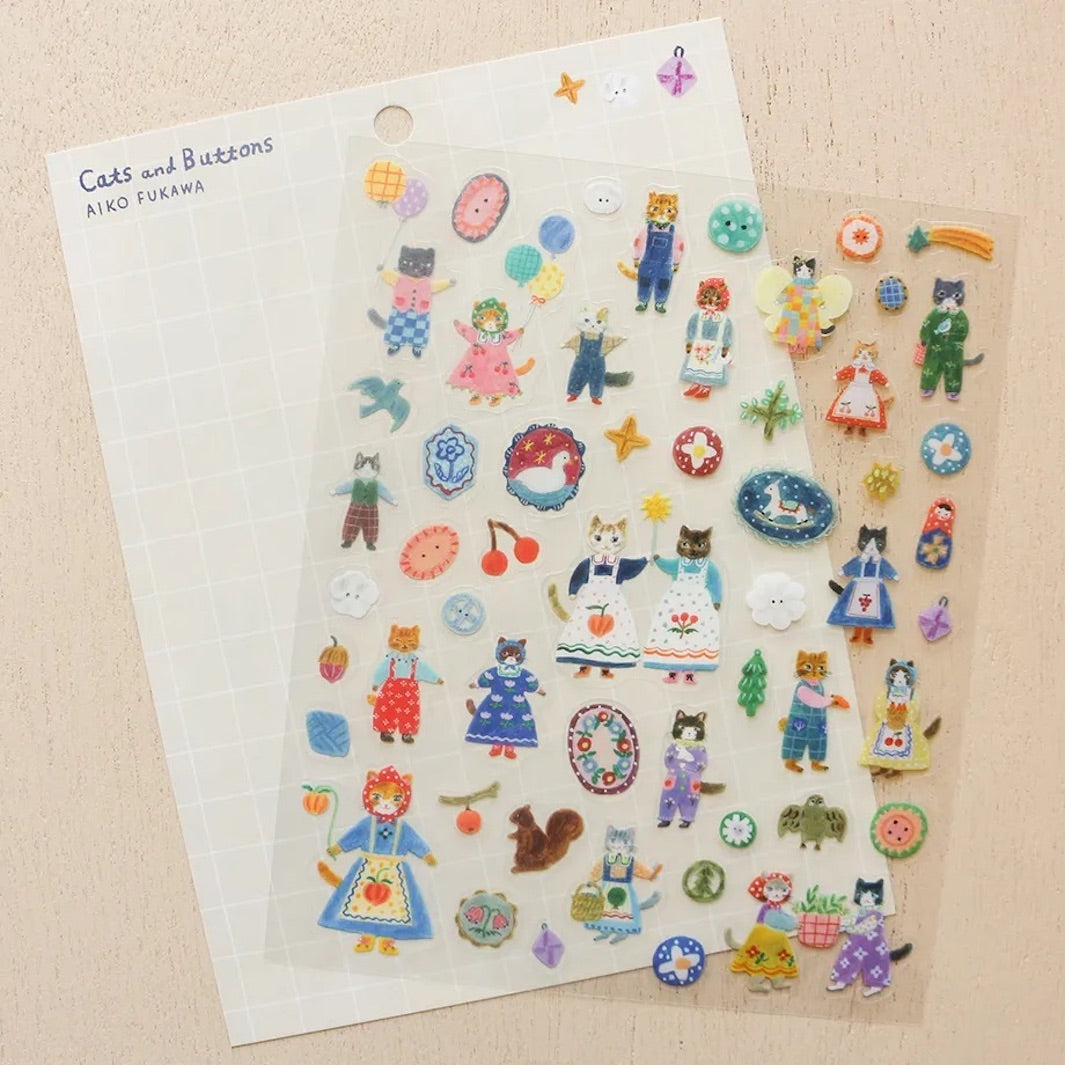 photo packshot d'un détail du packaging de la planche de 55 stickers « cats and buttons » de aiko fukawa pour cozyca products