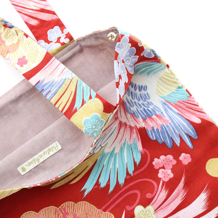 Tote Bag en Tissus Japonais - Oiseaux, Fleurs de Prunier et Pins - Rouge, Jaune, Vert, Bleu et Rose - T546
