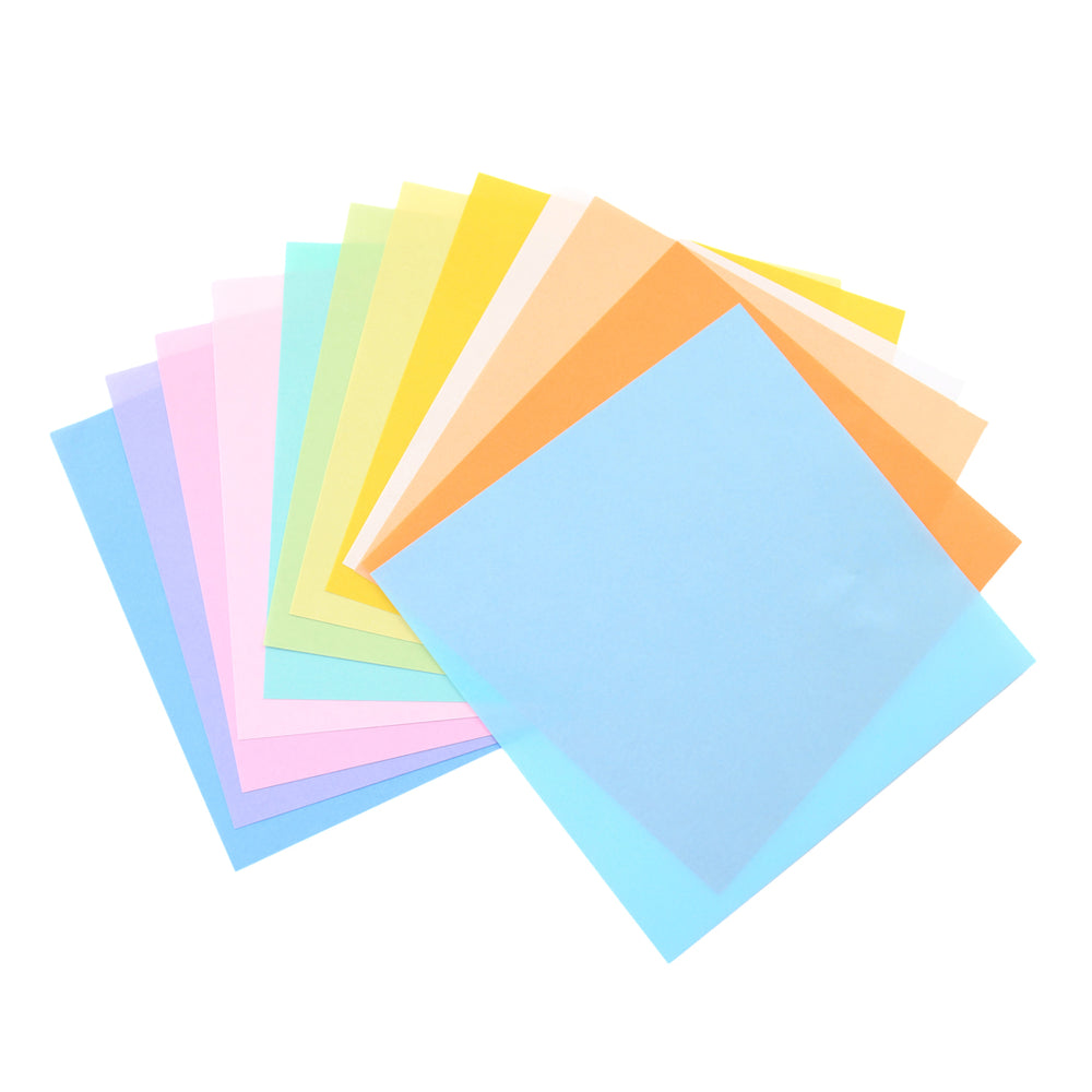 photo packshot de l'éventail de couleurs du set de 60 papiers origami unis dans les tons pastels multicolores en 15cm par 15cm toyo