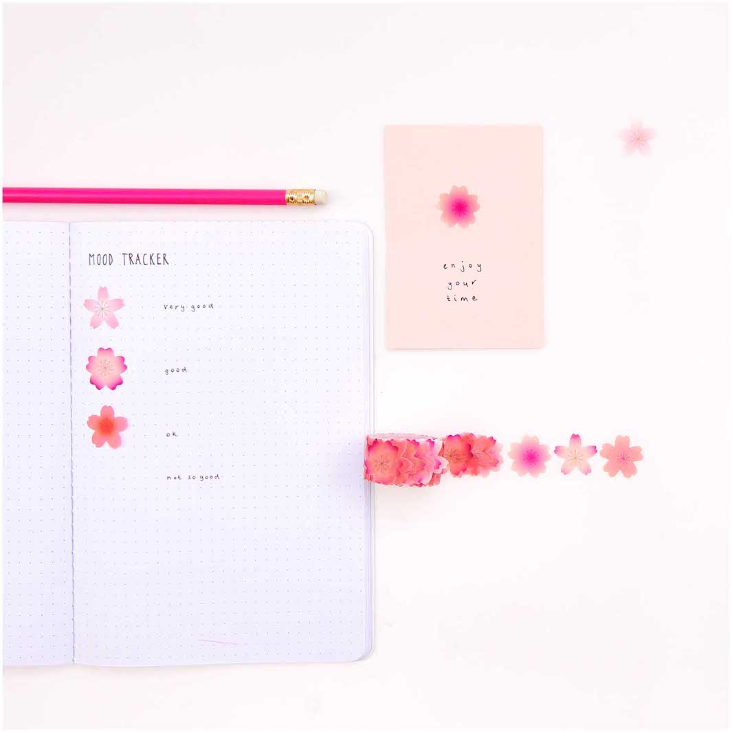 Rouleau de 200 Stickers - Fleurs de Cerisier - Rose Clair et Foncé, Corail et Fuschia