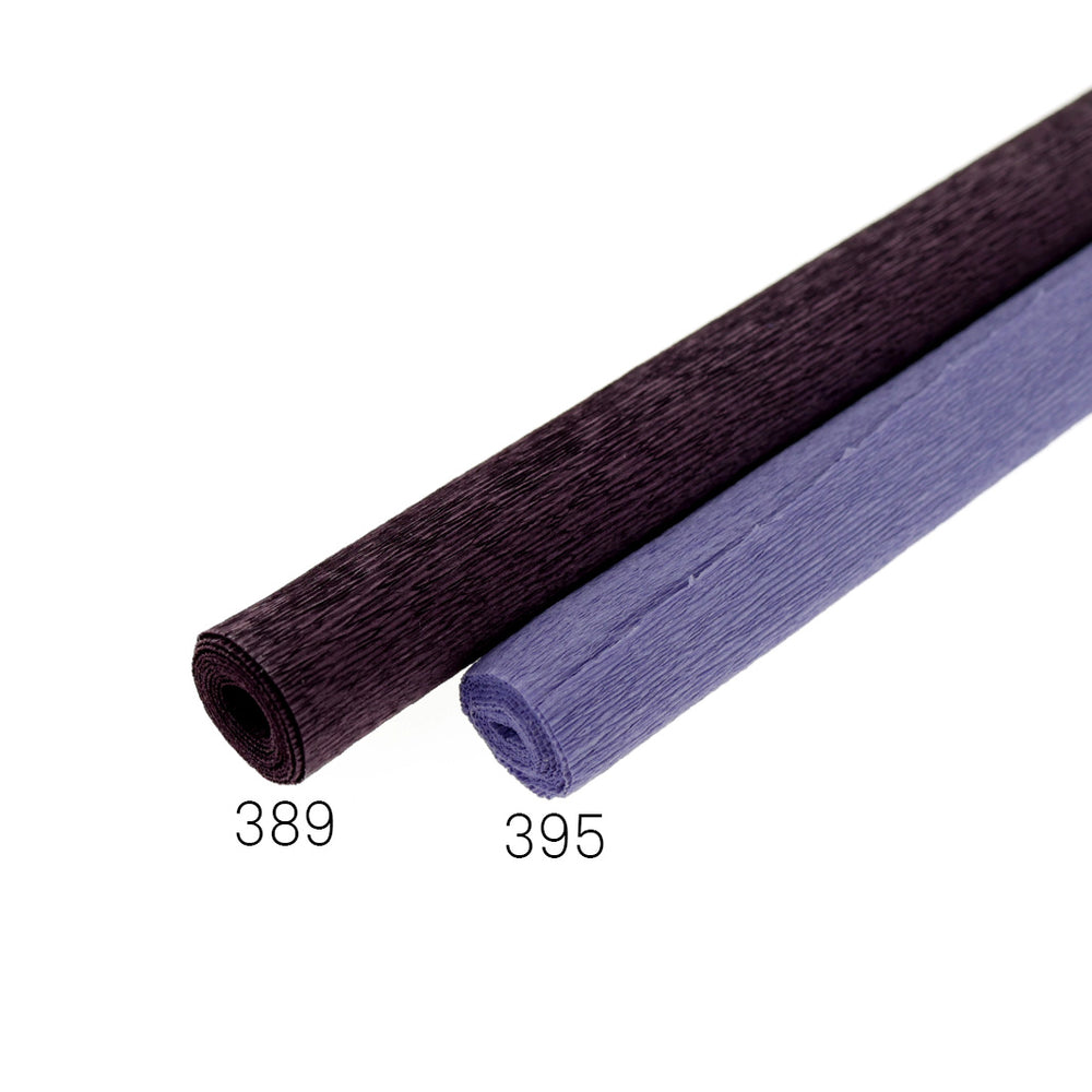 photo packshot de 2 rouleaux de 45cm par 50cm de papiers crépon fin violet foncé 90g (389 et 395)