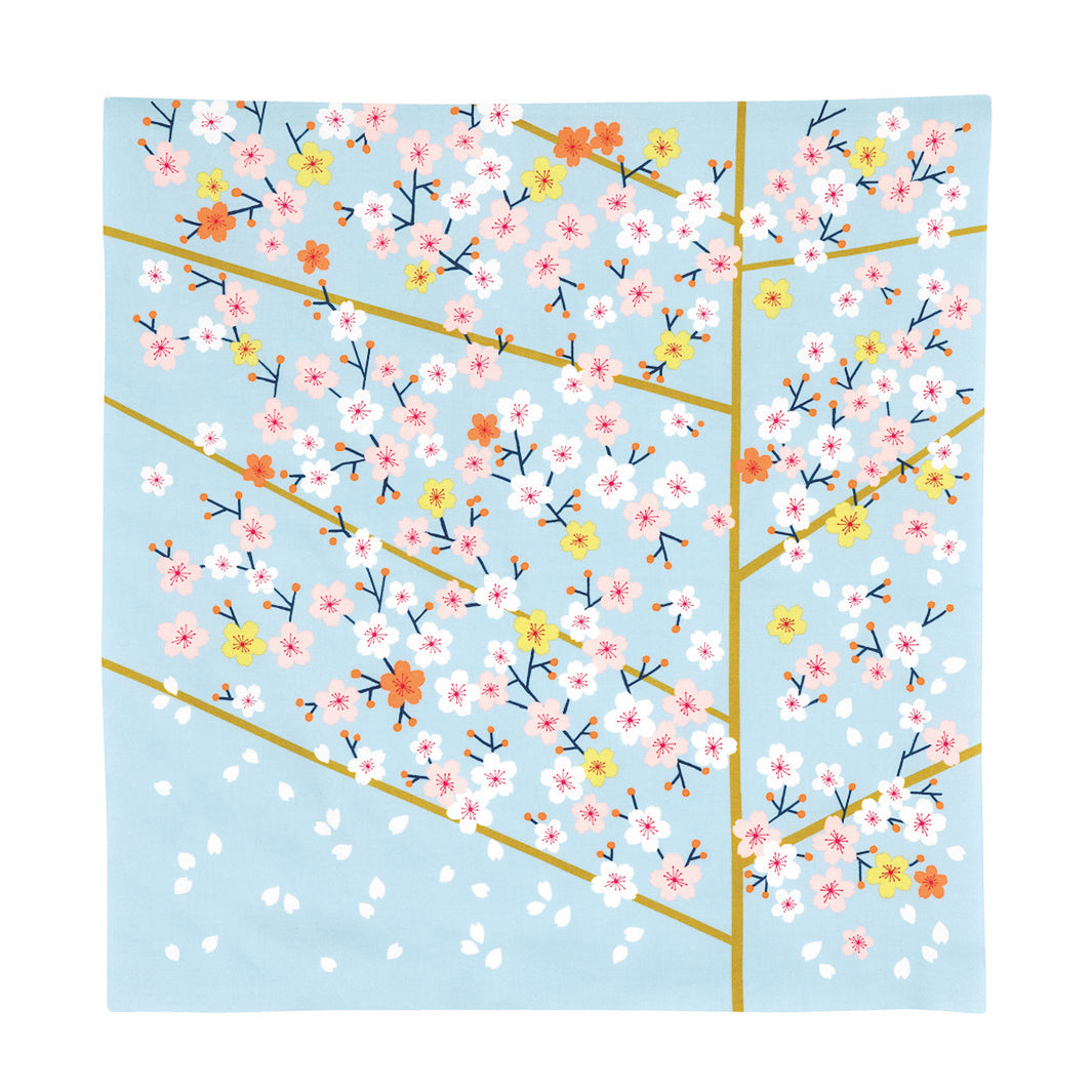 photo packshot du furoshiki 50x50cm aux motifs cerisier « glacier » dans les tons bleu ciel adeline klam x musubi