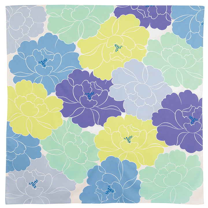 photo packshot à plat du furoshiki au motif de pivoines dans les tons jaune acidulé, bleus, vert d'eau, violets adeline x musubi en 100cm par 100cm