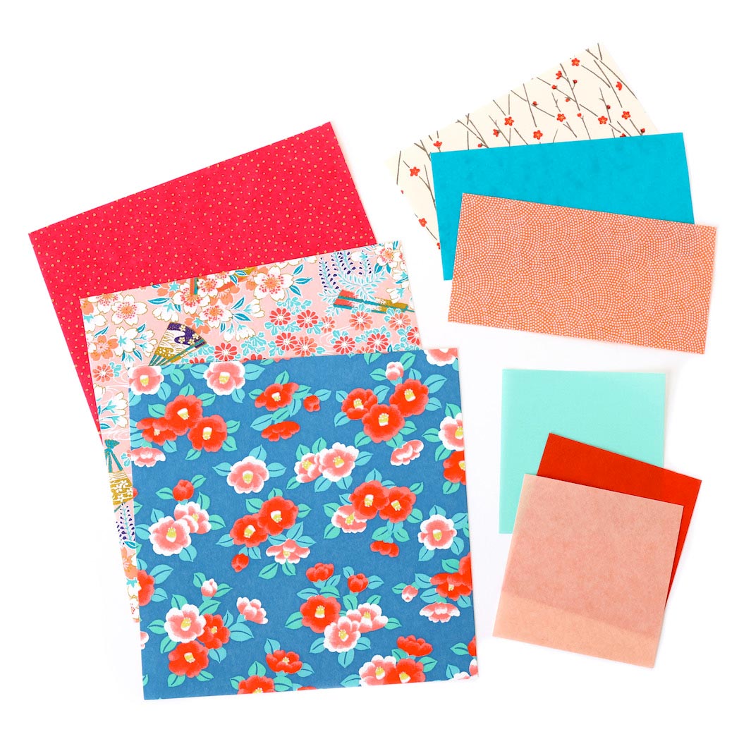 photo packshot de la gamme de papiers japonais du kit poupées japonaises « rosée » dans les tons rose rouge, bleu turquoise, vert d'eau et corail adeline klam